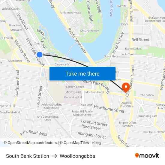 South Bank Station to Woolloongabba map