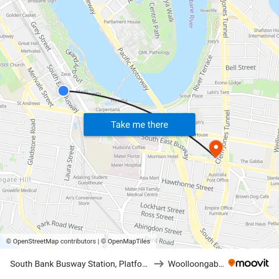 South Bank Busway Station, Platform 2 to Woolloongabba map