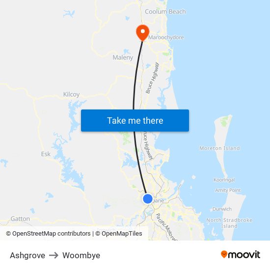 Ashgrove to Woombye map