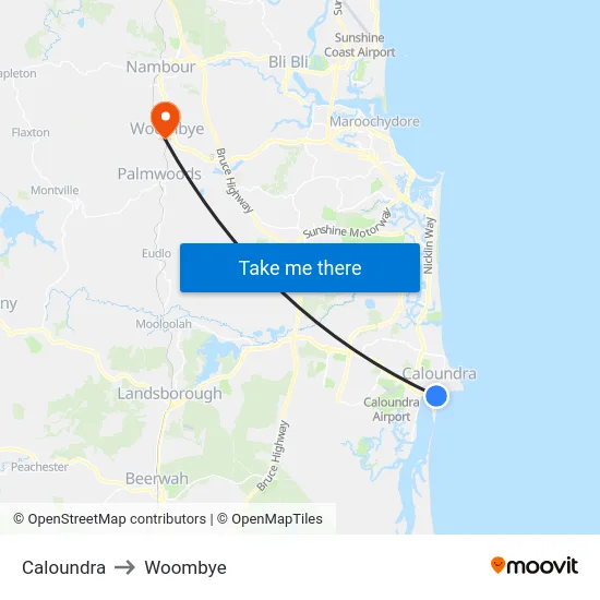 Caloundra to Woombye map