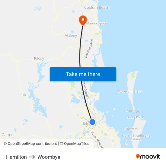 Hamilton to Woombye map