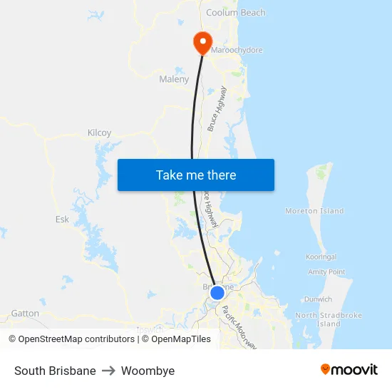 South Brisbane to Woombye map