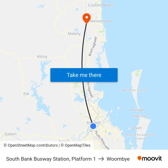 South Bank Busway Station, Platform 1 to Woombye map