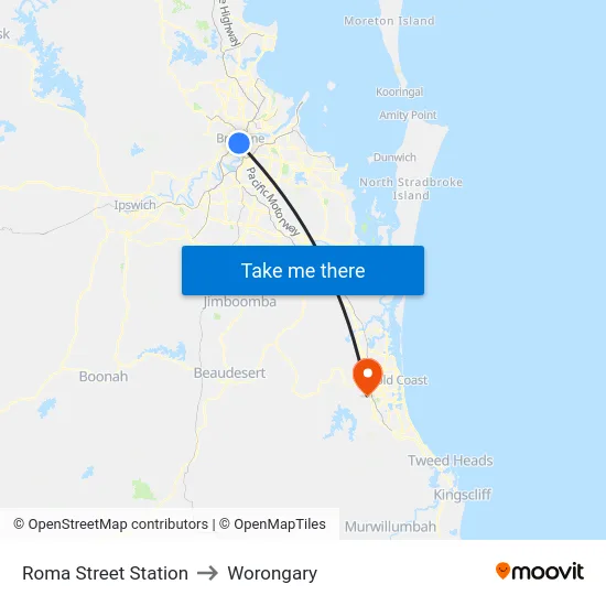 Roma Street Station to Worongary map