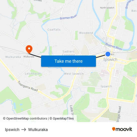 Ipswich to Wulkuraka map