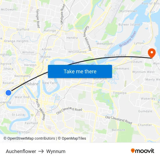 Auchenflower to Wynnum map