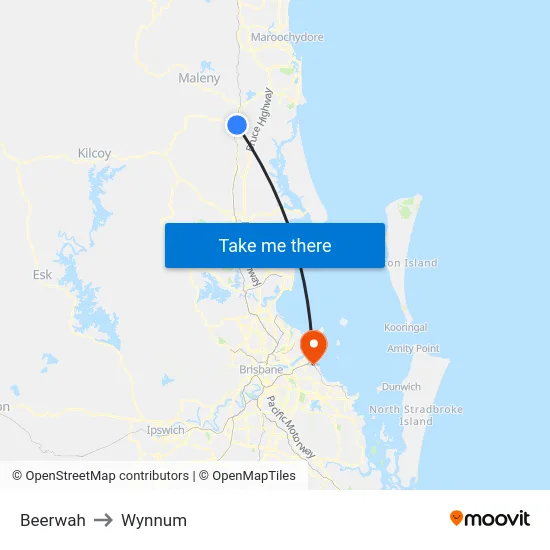 Beerwah to Wynnum map