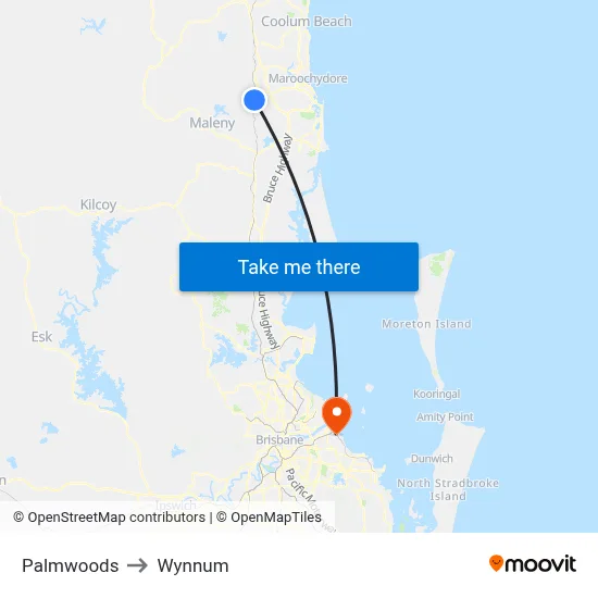 Palmwoods to Wynnum map