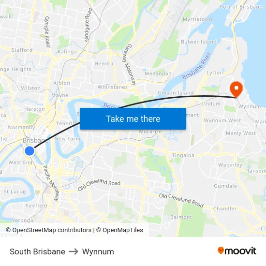 South Brisbane to Wynnum map
