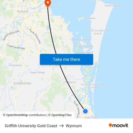 Griffith University Gold Coast to Wynnum map