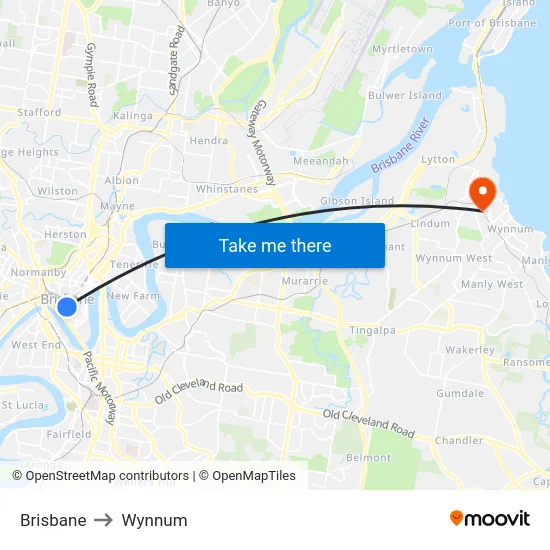 Brisbane to Wynnum map