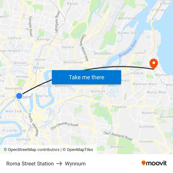 Roma Street Station to Wynnum map
