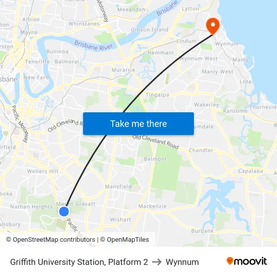 Griffith University Station, Platform 2 to Wynnum map