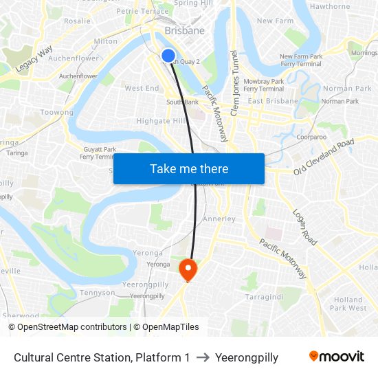 Cultural Centre Station, Platform 1 to Yeerongpilly map