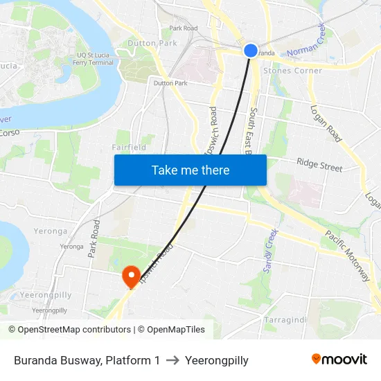 Buranda Busway, Platform 1 to Yeerongpilly map