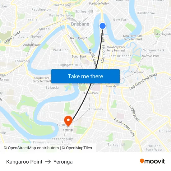 Kangaroo Point to Yeronga map