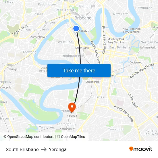 South Brisbane to Yeronga map