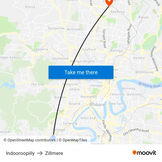 Indooroopilly to Zillmere map