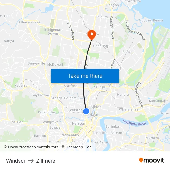 Windsor to Zillmere map