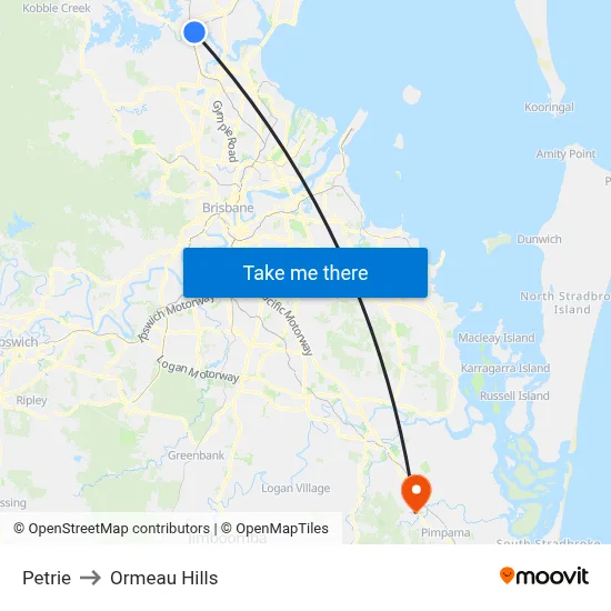 Petrie to Ormeau Hills map