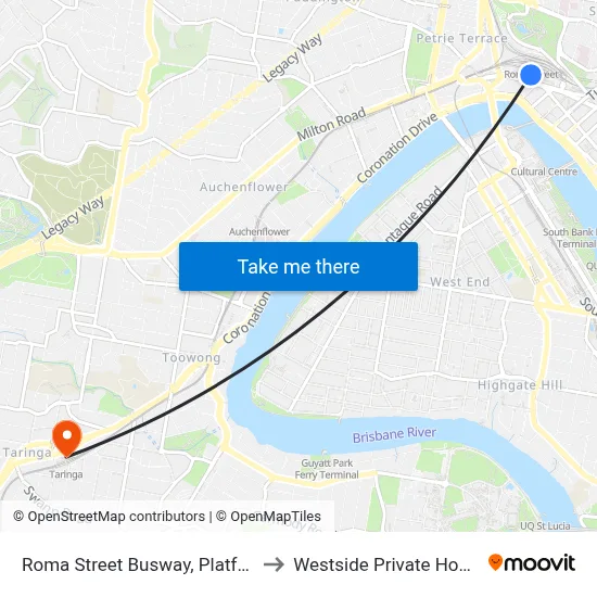 Roma Street Busway, Platform 1 to Westside Private Hospital map