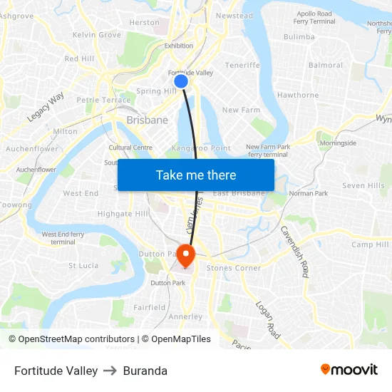 Fortitude Valley to Buranda map