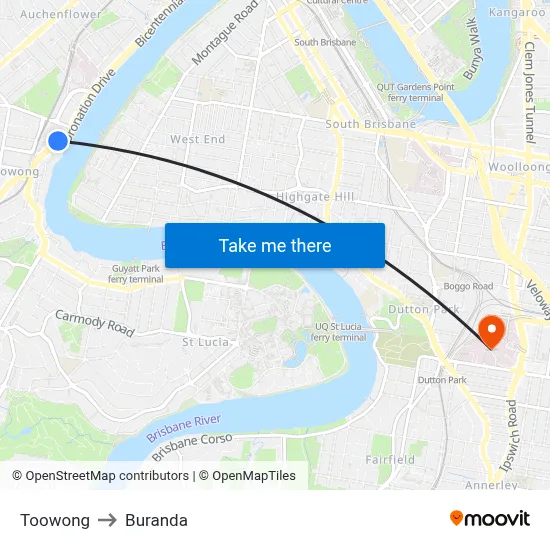 Toowong to Buranda map