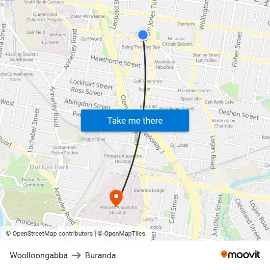 Woolloongabba to Buranda map