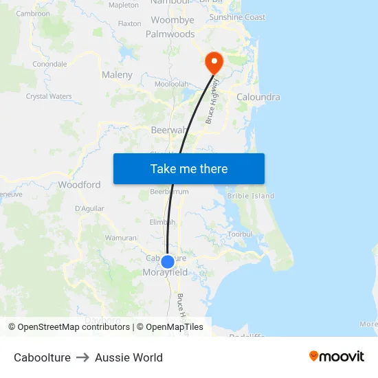 Caboolture to Aussie World map