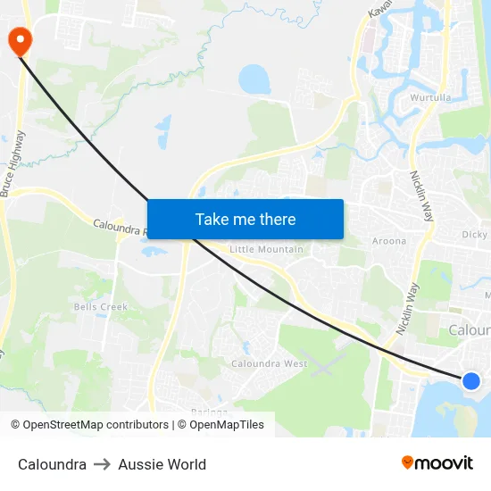 Caloundra to Aussie World map