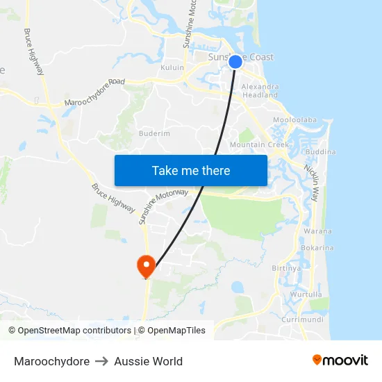 Maroochydore to Aussie World map