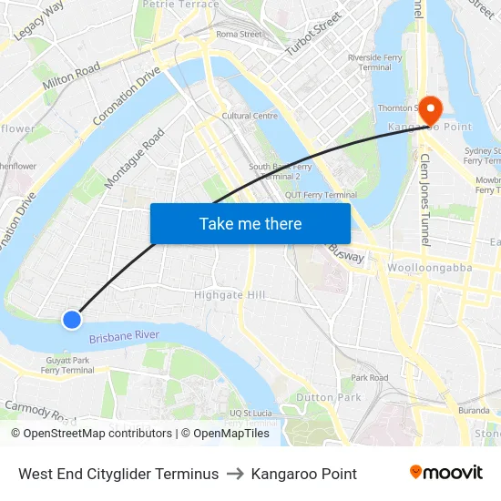 West End Cityglider Terminus to Kangaroo Point map