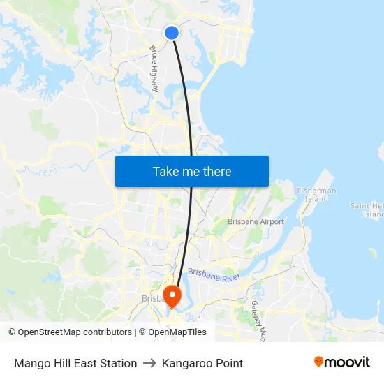 Mango Hill East Station to Kangaroo Point map