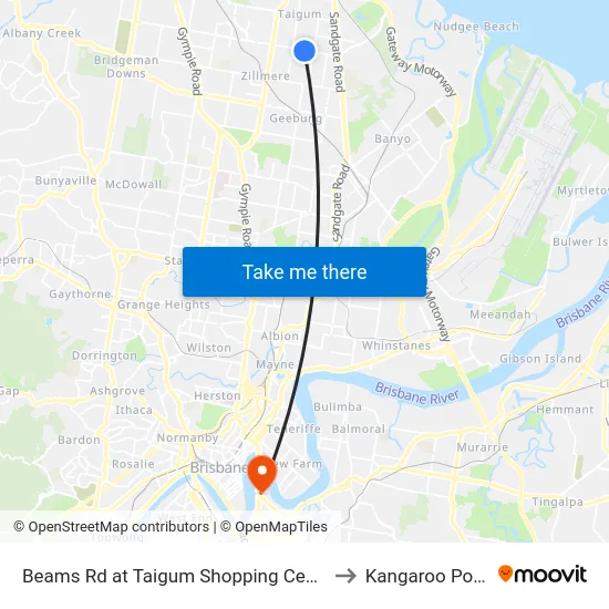 Beams Rd at Taigum Shopping Centre to Kangaroo Point map