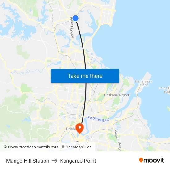 Mango Hill Station to Kangaroo Point map