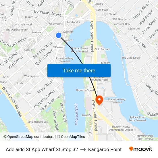 Adelaide St App Wharf St Stop 32 to Kangaroo Point map