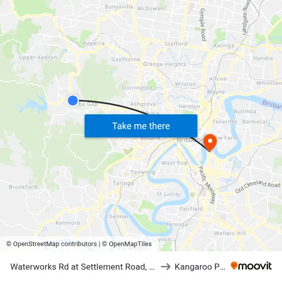 Waterworks Rd at Settlement Road, Stop 36 to Kangaroo Point map