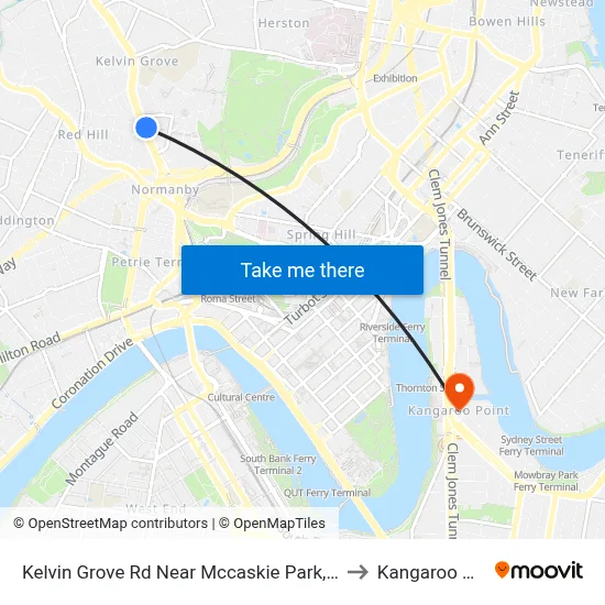 Kelvin Grove Rd Near Mccaskie Park, Stop 12 to Kangaroo Point map