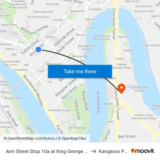 Ann Street Stop 10 at King George Square to Kangaroo Point map