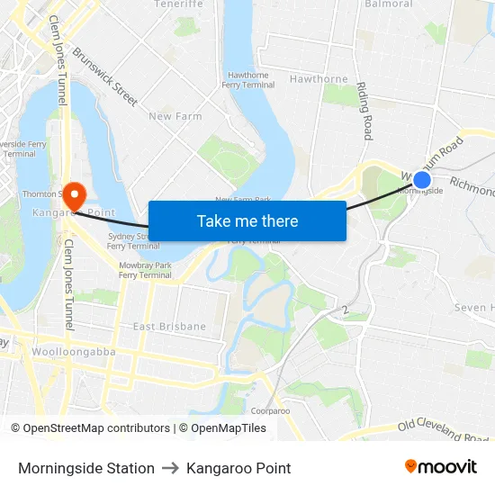 Morningside Station to Kangaroo Point map