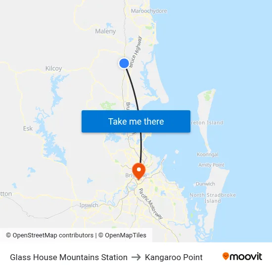 Glass House Mountains Station to Kangaroo Point map