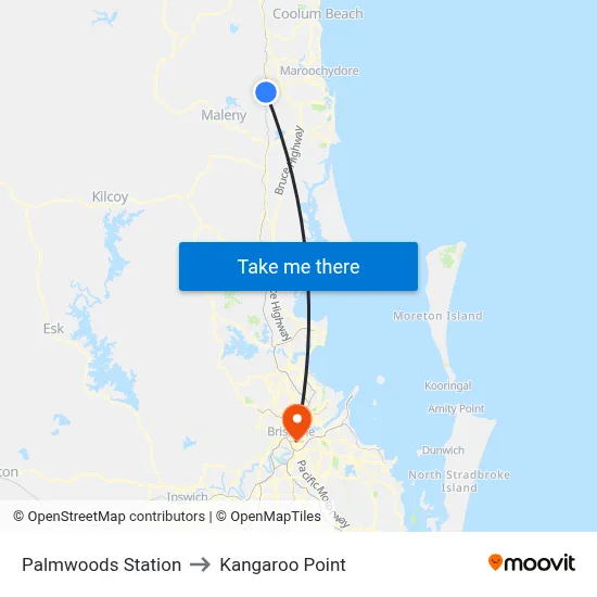 Palmwoods Station to Kangaroo Point map