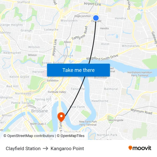 Clayfield Station to Kangaroo Point map