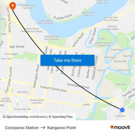 Coorparoo Station to Kangaroo Point map