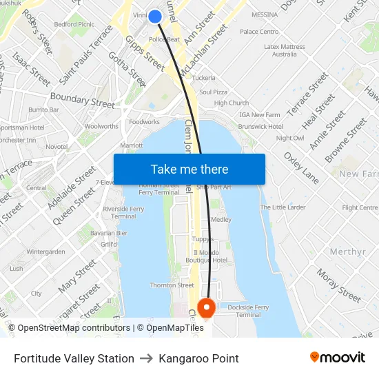 Fortitude Valley Station to Kangaroo Point map