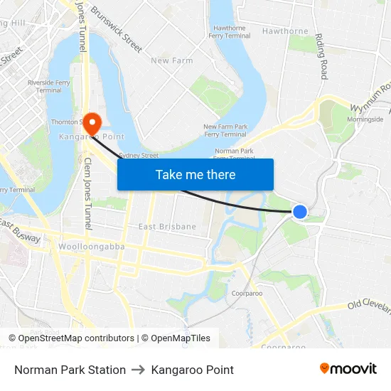 Norman Park Station to Kangaroo Point map