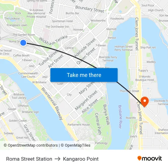 Roma Street Station to Kangaroo Point map