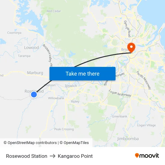 Rosewood Station to Kangaroo Point map