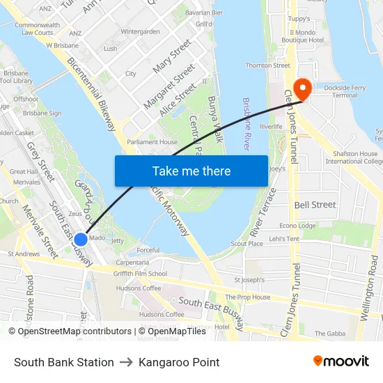 South Bank Station to Kangaroo Point map