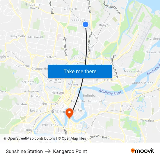 Sunshine Station to Kangaroo Point map